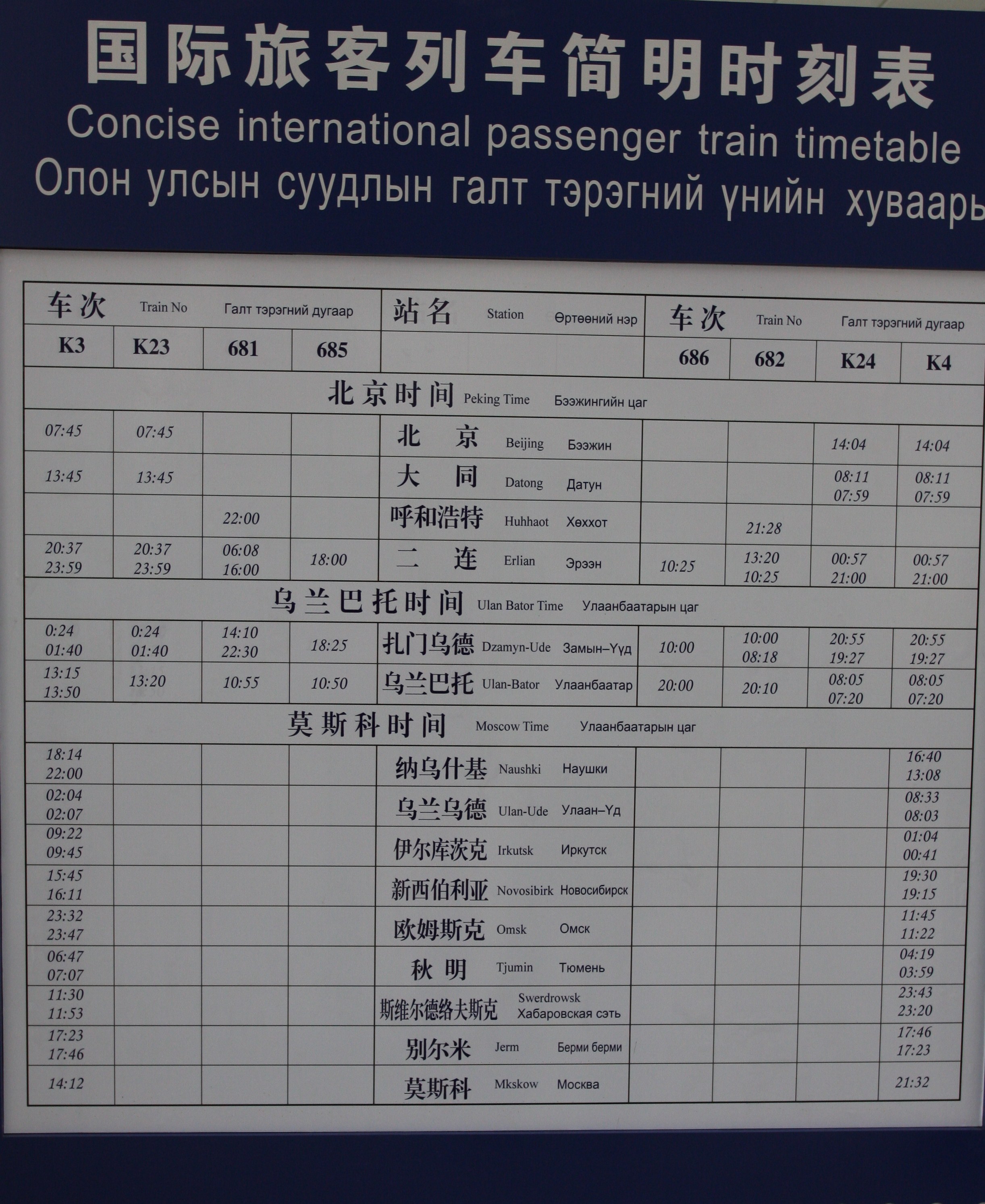 中国-蒙古国-俄罗斯《国际列车时刻表》