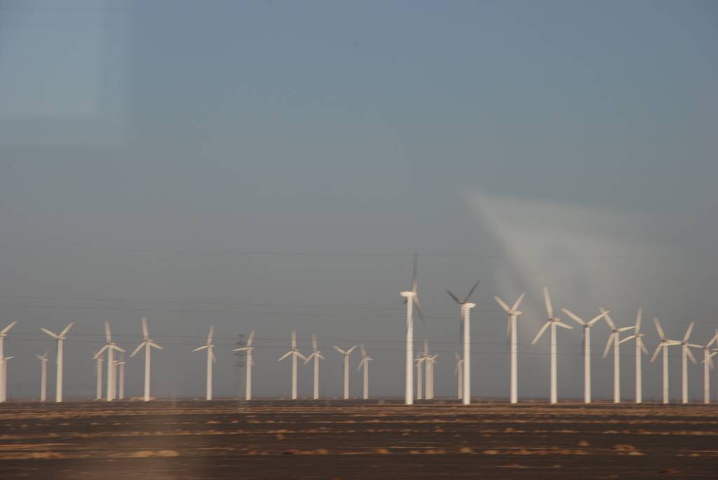 (這是瓜州火車站對面的大片的風力發電廠,白色的,立在空空的戈壁.